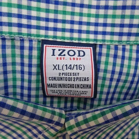 💰3/$25 IZOD Boy's Button-Down Shirt Blue Green Plaid Oxford Preppy   XL 14/16 - Picture 8 of 11